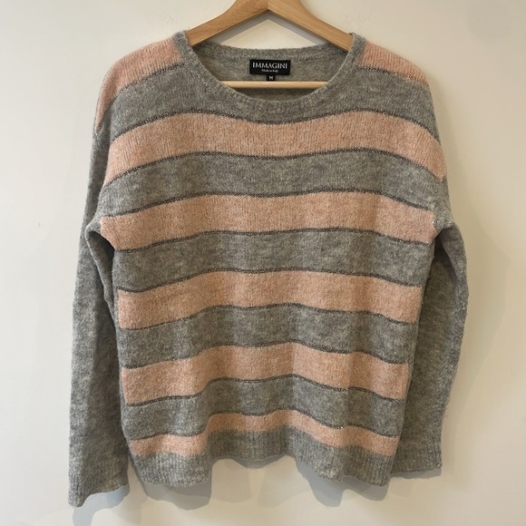 Immagini Grey & Pink Stripe Alpaca Wool Crewneck knit Sweater Pullover Italy M - Picture 3 of 11